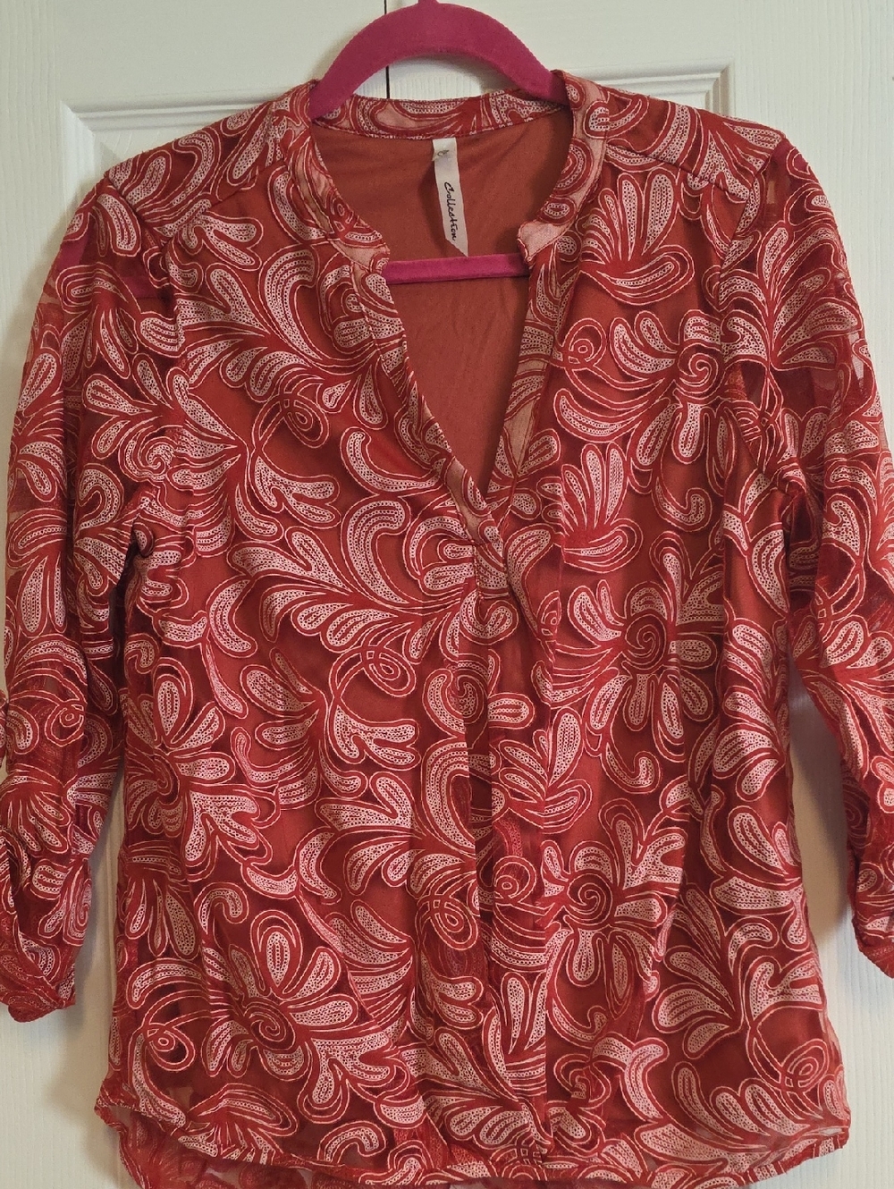 Women's Red Printed V-Neck Blouse - Unbranded